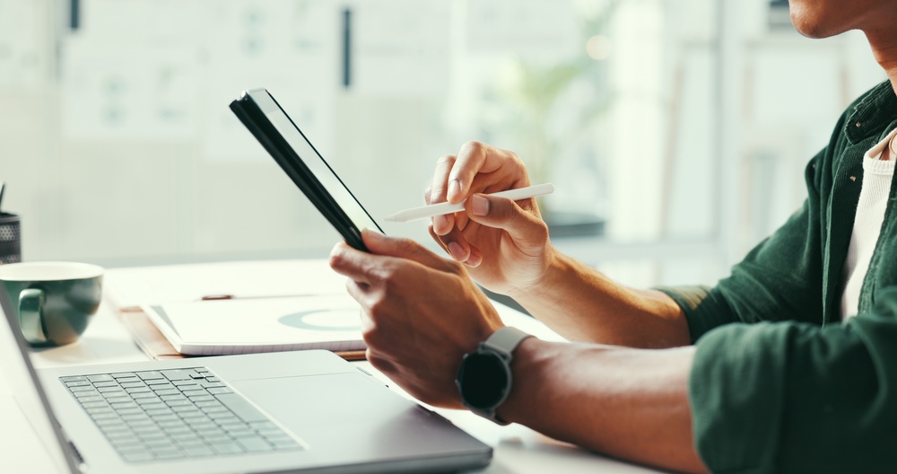 Person,,Hands,And,Writing,In,Office,With,Tablet,,Laptop,And